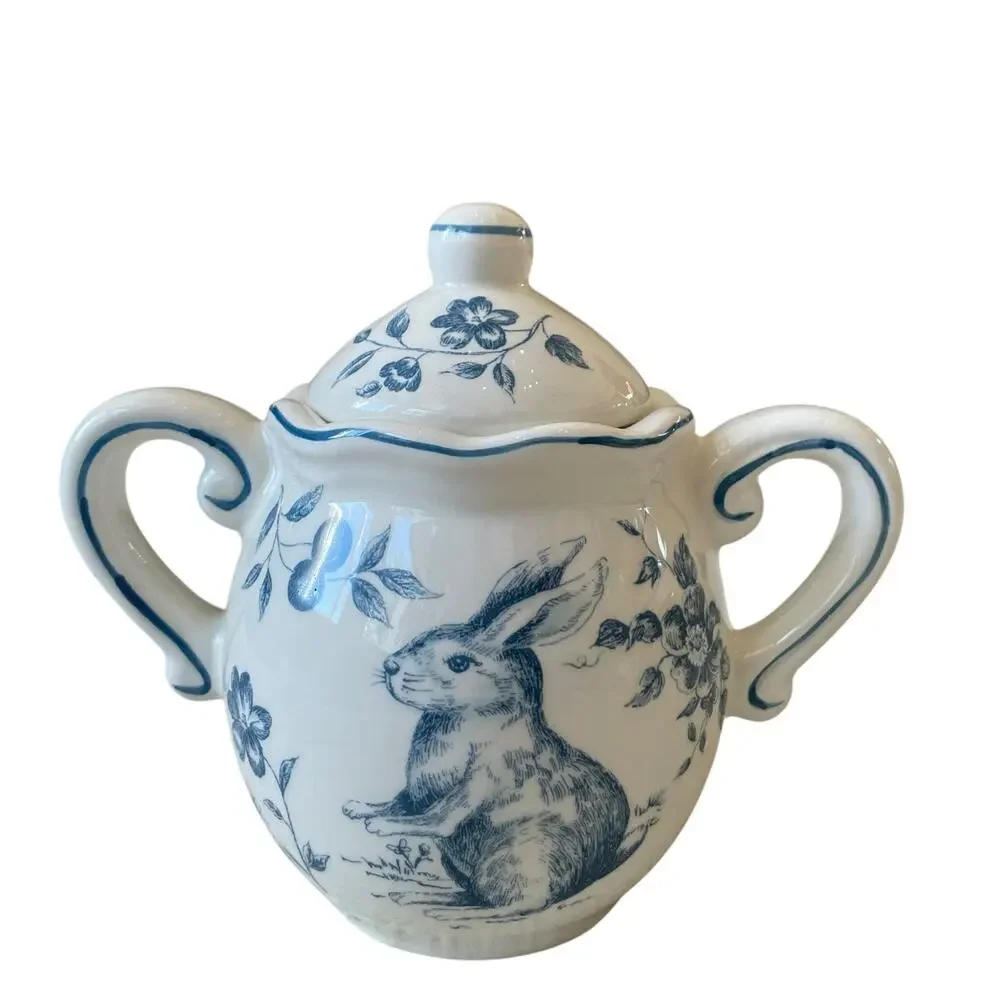 Maxcera Blue Bunny Rabbit Toile Creamer & Sugar Bowl With Lid Easter Ceramic New